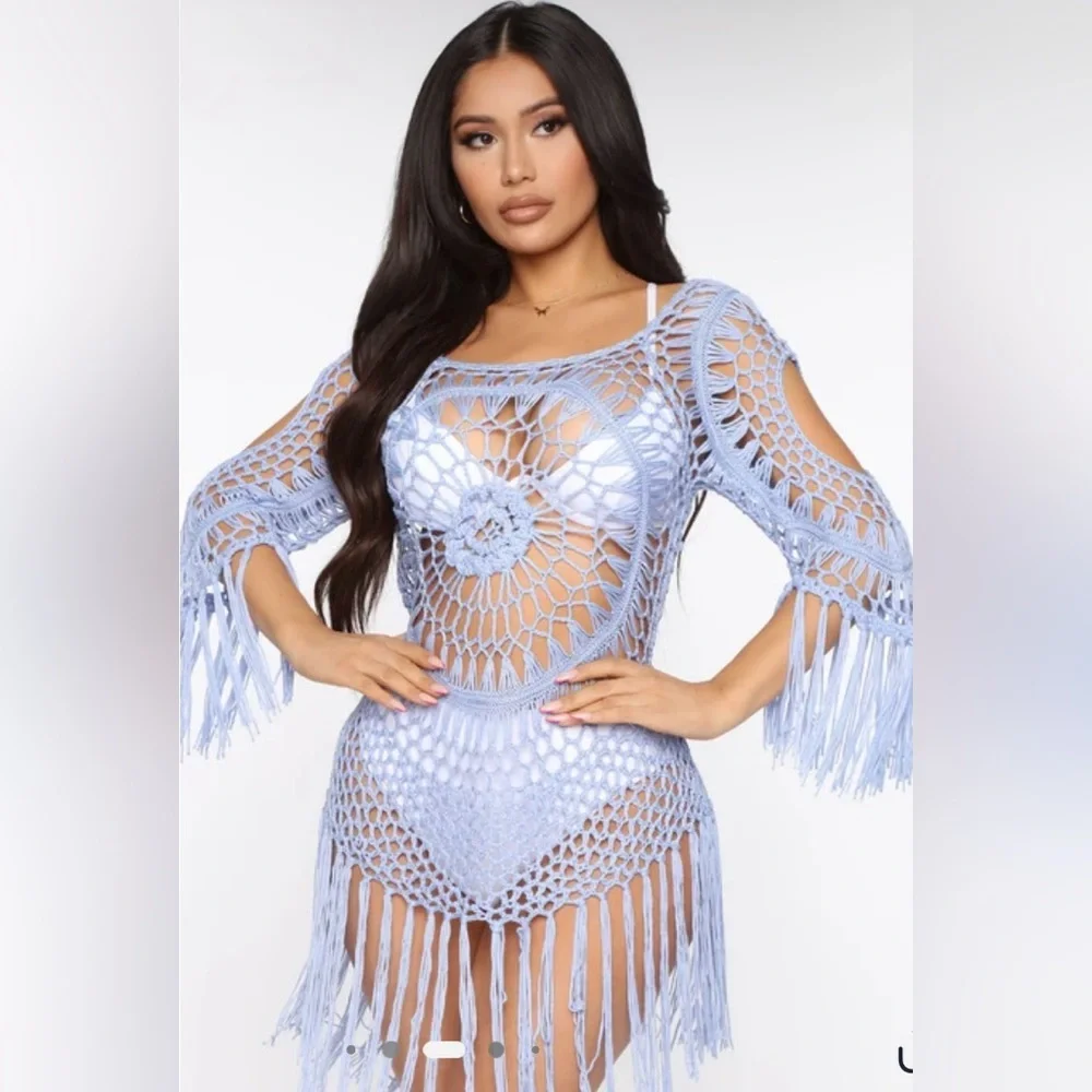 Crochet Swim Cover-Up in Light Blue - Picture 1 of 3